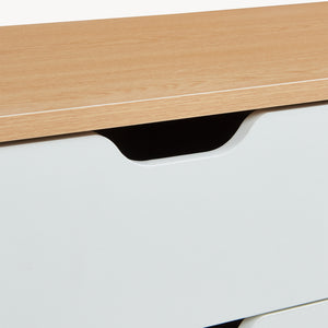 Comoda TV Bordkak 140x30x45 efect stejar/alb cu 4 sertare si 4 rafturi [en.casa]