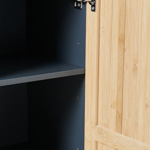 Dulap midi baie cu front din bambus si 3 spatii interioare Svanes 90x30x30 cm gri inchis/natur [en.casa]