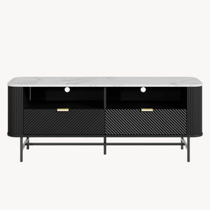 Comoda TV cu sertare si rafturi Olvehok 140x40x55 cm alb marmorat/negru [en.casa]