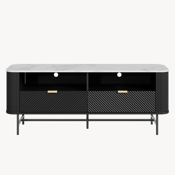 Comoda TV cu sertare si rafturi Olvehok 140x40x55 cm alb marmorat/negru [en.casa]