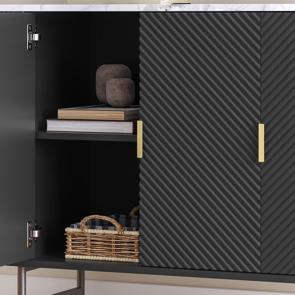 Servanta cu 3 usi Olvehok 110x40x77 cm alb marmorat/negru [en.casa]