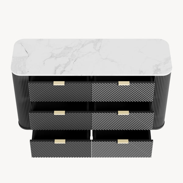 Comoda cu 6 sertare Olvehok 81x120x40 cm alb marmorat/negru [en.casa] 