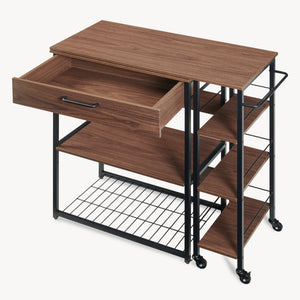 Sistem raft extensibil pe roti cu blat de lucru rotativ Kirhuskyna 130x40x85 cm negru/efect lemn nuc [en.casa]