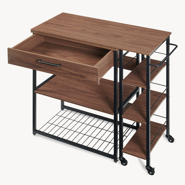 Sistem raft extensibil pe roti cu blat de lucru rotativ Kirhuskyna 130x40x85 cm negru/efect lemn nuc [en.casa]