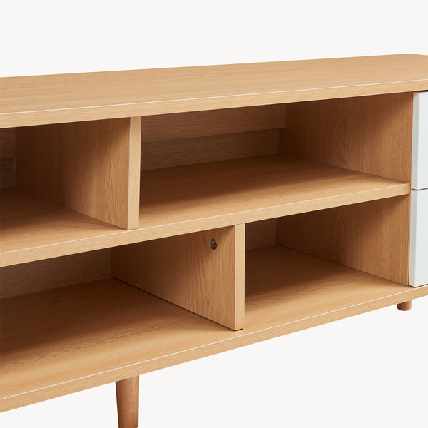 Comoda TV Bordkak 140x30x45 efect stejar/alb cu 4 sertare si 4 rafturi [en.casa]