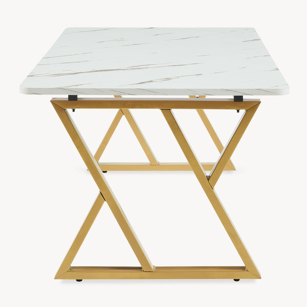 Masă de cafea Nolu 120x60x46 cm, culoare aurie/efect marmură, alb [en.casa]