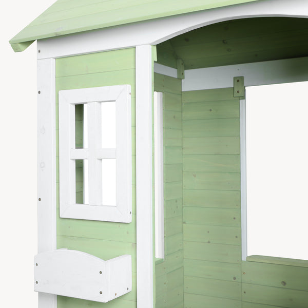 Casuta gradina joaca copii cu ferestre si ghivece pentru flori Kuoldsvin 144x107x90 cm verde/alb [en.casa]
