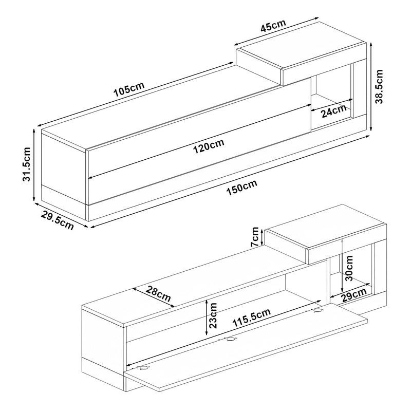 Schiță cotată Comoda TV Luhanka 150x29,5x38,5cm [en.casa]