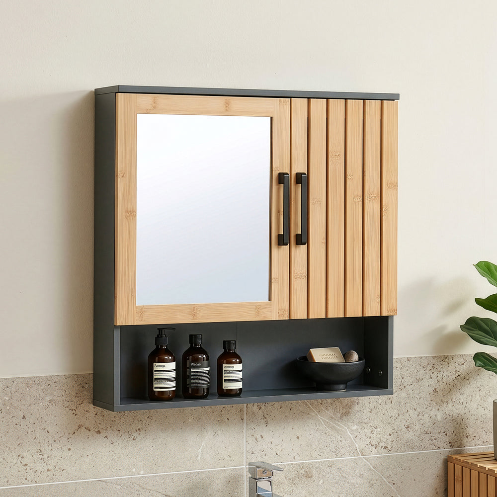Dulap perete baie cu oglinda front din bambus si raft Svanes 58x56x13 cm gri inchis/natur [en.casa] 