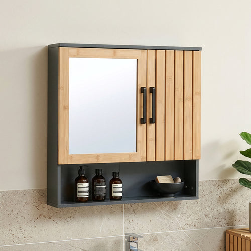 Dulap perete baie cu oglinda front din bambus si raft Svanes 58x56x13 cm gri inchis/natur [en.casa] 