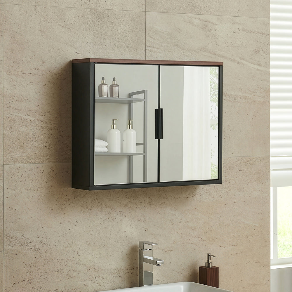 Dulap perete baie cu 2 usi cu oglinda Trond 50x60x15 cm engru/efect lemn nuc [en.casa]