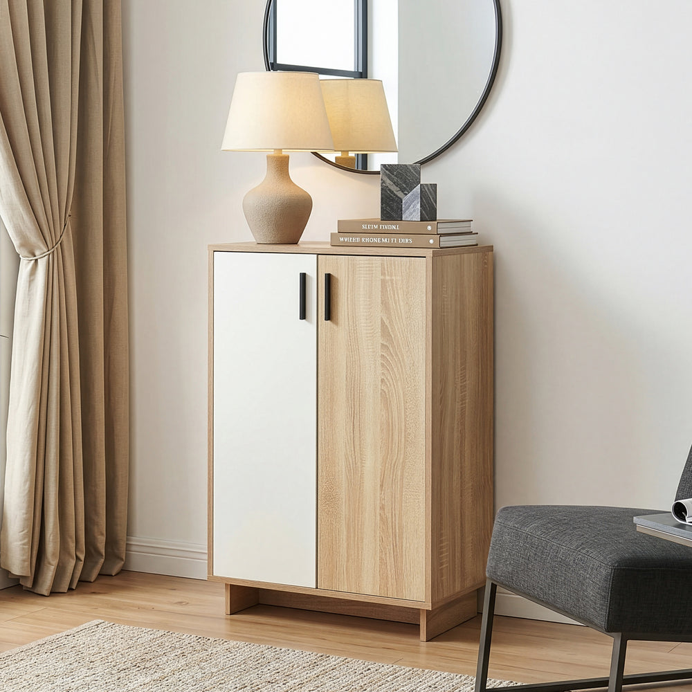 Dulap pantofi cu 2 usi bicolor Kenta 90x60x35 cm efect stejar Sonoma/alb [en.casa]