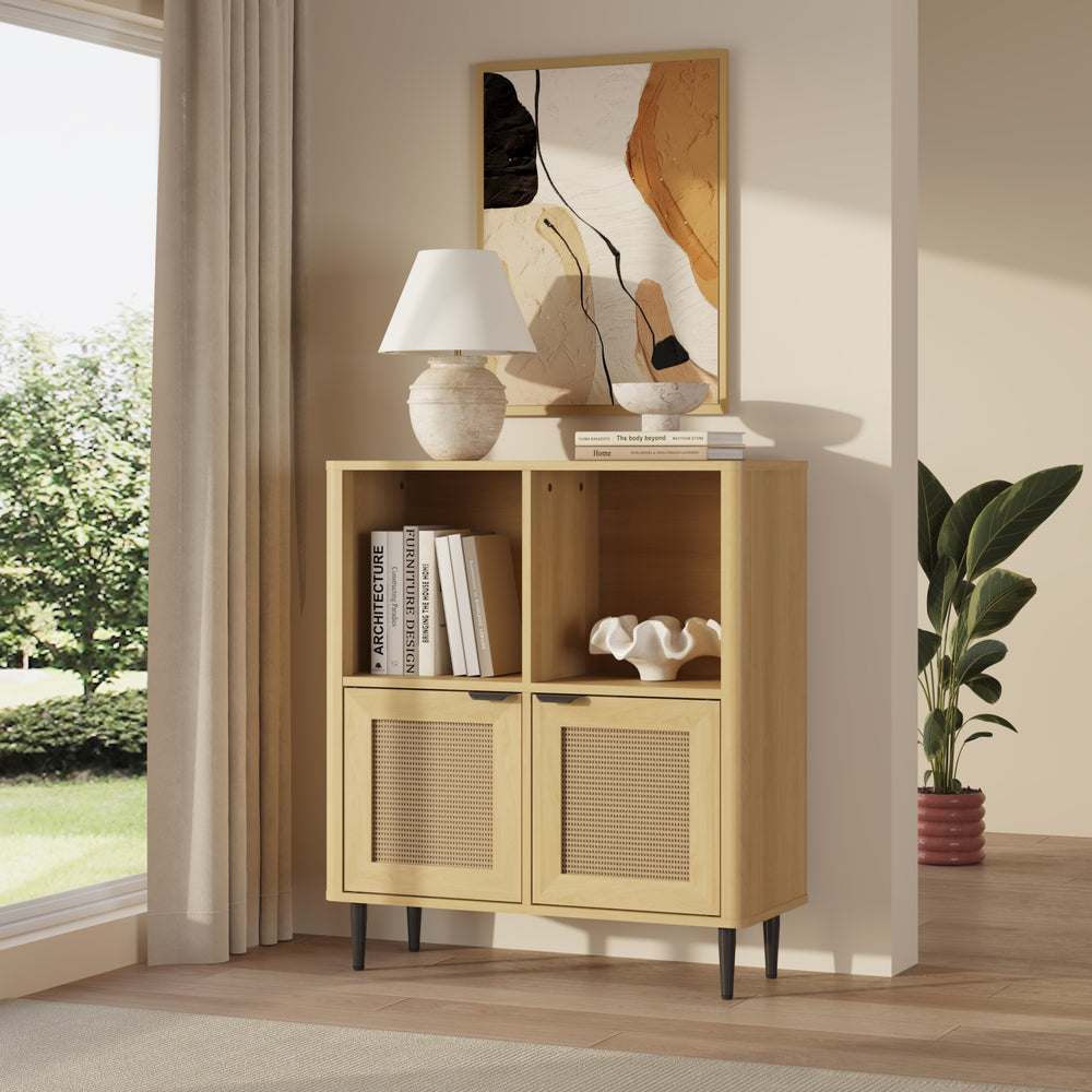Comoda cu 2 usi si 2 rafturi Lukhomso 85x75x30 cm efect stejar/efect ratan/negru [en.casa]