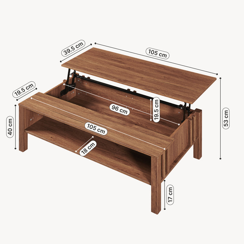 Schiță cotată Masă de cafea Kilmandar cu funcție de ridicare 105x59x40/53 cm aspect nuc [en.casa]