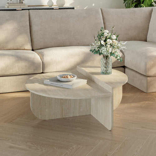 Masa de cafea moderna cu doua suprafete depozitare semicirculare Tondesdaslo 90x90x35 cm [en.casa] 