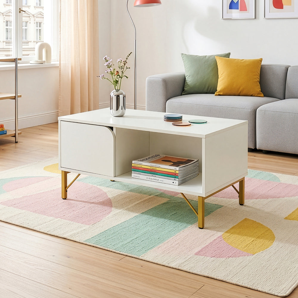 Masuta cafea cu usa si spatiu depozitare Reyri 80x45x42 cm alb/auriu [en.casa]