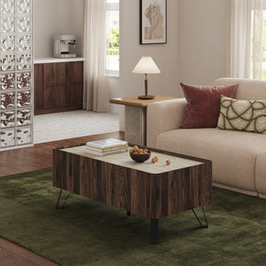 Masuta cafea cu 2 sertare Trorlon 100x50x40 cm efect nuc/travertin decor/negru [en.casa]