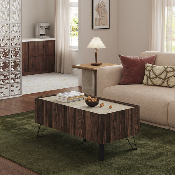 Masuta cafea cu 2 sertare Trorlon 100x50x40 cm efect nuc/travertin decor/negru [en.casa]