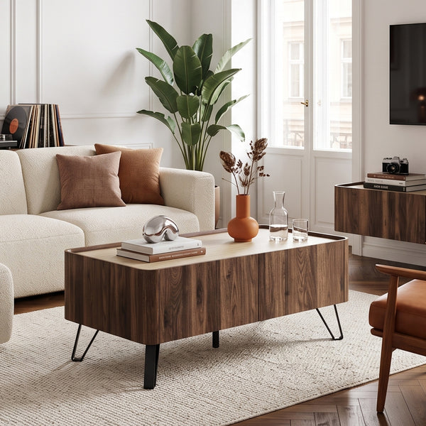 Masuta cafea cu 2 sertare Trorlon 100x50x40 cm efect nuc/travertin decor/negru [en.casa]