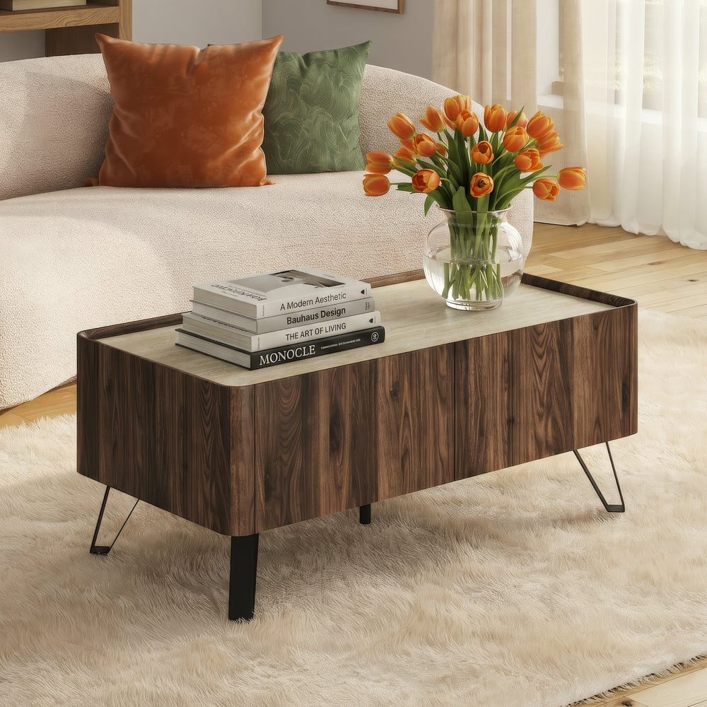 Masuta cafea cu 2 sertare Trorlon 100x50x40 cm efect nuc/travertin decor/negru [en.casa]