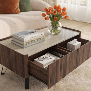 Masuta cafea cu 2 sertare Trorlon 100x50x40 cm efect nuc/travertin decor/negru [en.casa]