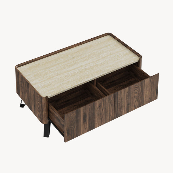 Masuta cafea cu 2 sertare Trorlon 100x50x40 cm efect nuc/travertin decor/negru [en.casa]
