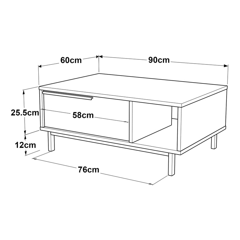 Schiță cotată Masuta cafea cu compartiment si raft depozitare Majaajoå 90x60x37,5cm [en.casa]