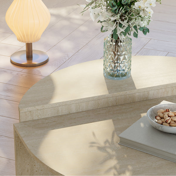 Masa de cafea moderna cu doua suprafete depozitare semicirculare Tondesdaslo 90x90x35 cm [en.casa] 