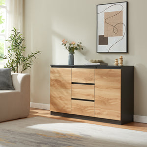 Comoda cu usi si sertare Kyr negru/efect stejar rustic [en.casa]