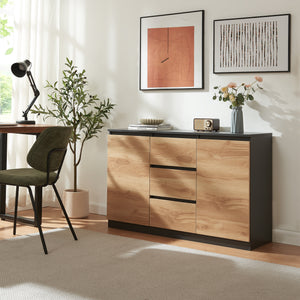 Comoda cu usi si sertare Kyr negru/efect stejar rustic [en.casa]