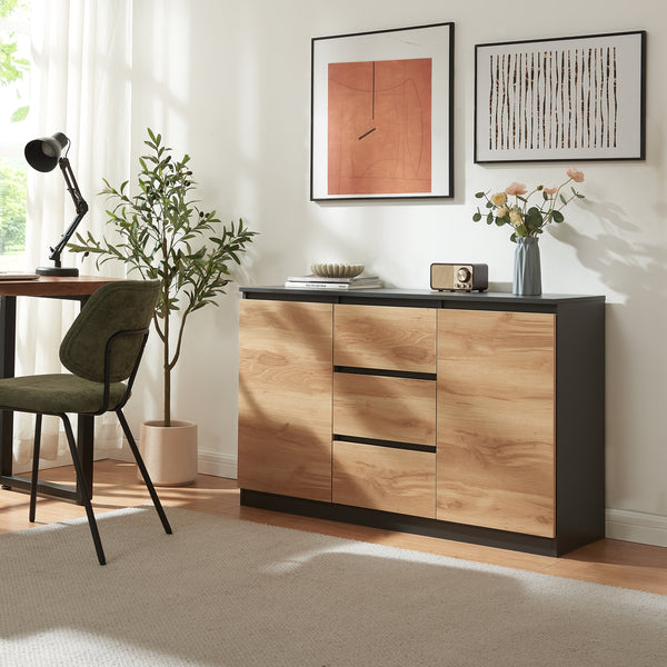 Comoda cu usi si sertare Kyr negru/efect stejar rustic [en.casa]