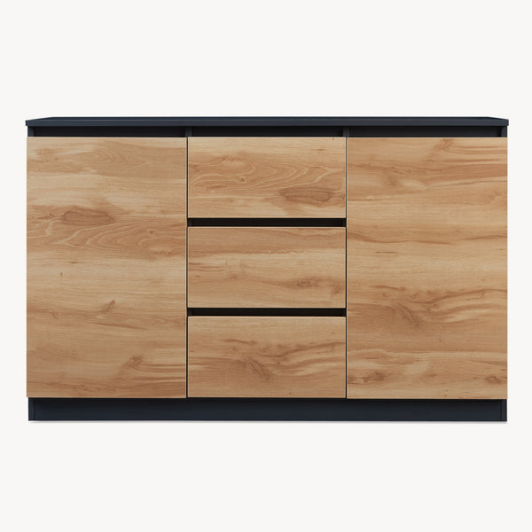 Comoda cu usi si sertare Kyr negru/efect stejar rustic [en.casa]