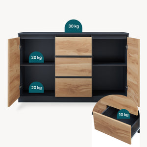 Comoda cu usi si sertare Kyr negru/efect stejar rustic [en.casa]