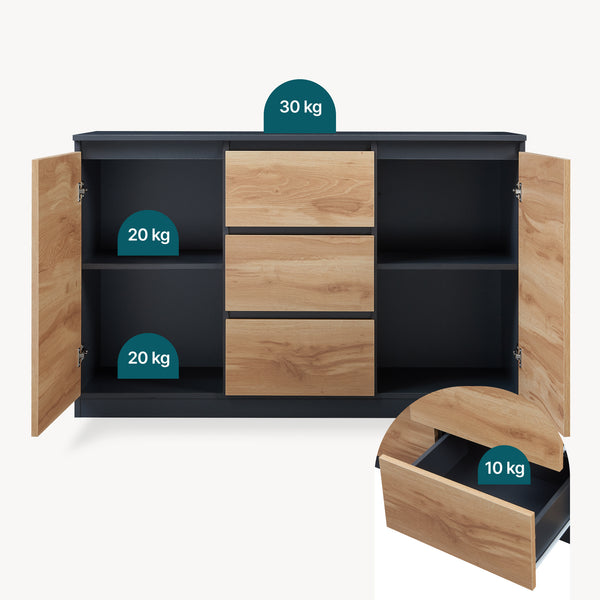 Comoda cu usi si sertare Kyr negru/efect stejar rustic [en.casa]