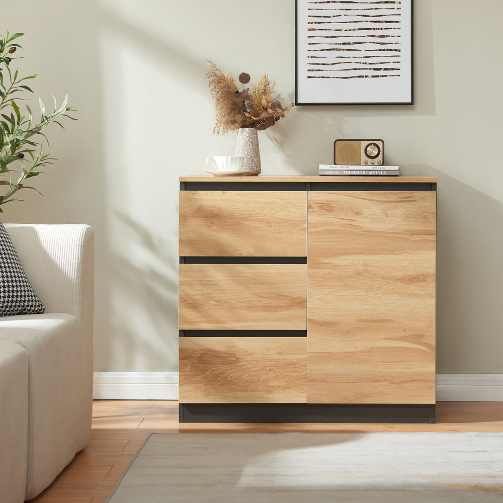 Comoda cu usi si sertare Kyr negru/efect stejar rustic [en.casa]