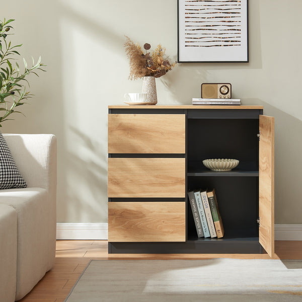 Comoda cu usi si sertare Kyr negru/efect stejar rustic [en.casa]