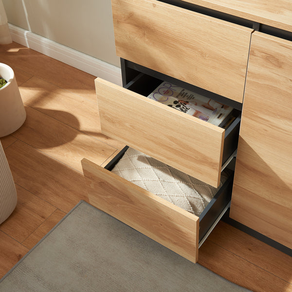 Comoda cu usi si sertare Kyr negru/efect stejar rustic [en.casa]