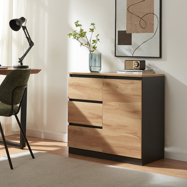 Comoda cu usi si sertare Kyr negru/efect stejar rustic [en.casa]