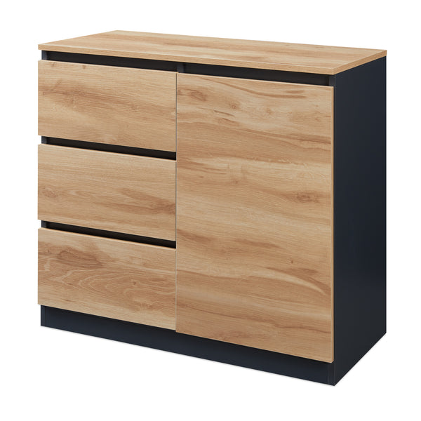 Comoda cu usi si sertare Kyr negru/efect stejar rustic [en.casa]
