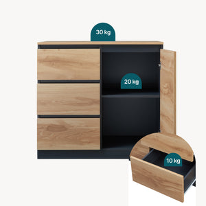 Comoda cu usi si sertare Kyr negru/efect stejar rustic [en.casa]