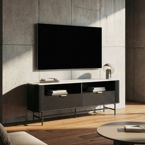 Comoda TV cu sertare si rafturi Olvehok 140x40x55 cm alb marmorat/negru [en.casa]