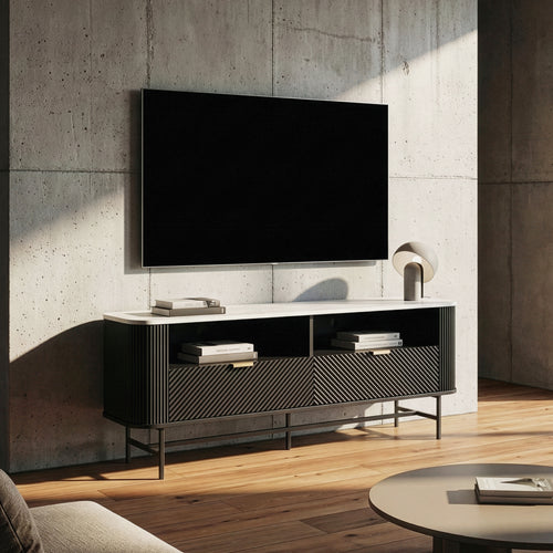 Comoda TV cu sertare si rafturi Olvehok 140x40x55 cm alb marmorat/negru [en.casa]