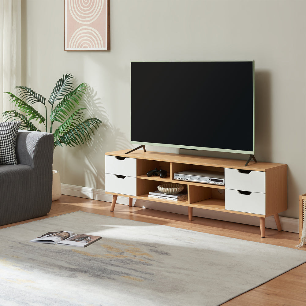 Comoda TV Bordkak 140x30x45 efect stejar/alb cu 4 sertare si 4 rafturi [en.casa]