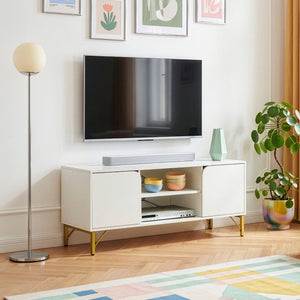 Comoda TV cu 2 usi Reyri 120x39x52 cm alb/auriu [en.casa]