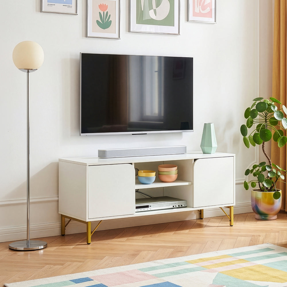 Comoda TV cu 2 usi Reyri 120x39x52 cm alb/auriu [en.casa]