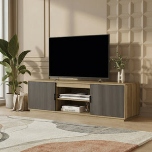 Dulap TV cu 2 usi si 2 rafturi Trömi mdf decor lemn stejar/gri [en.casa]