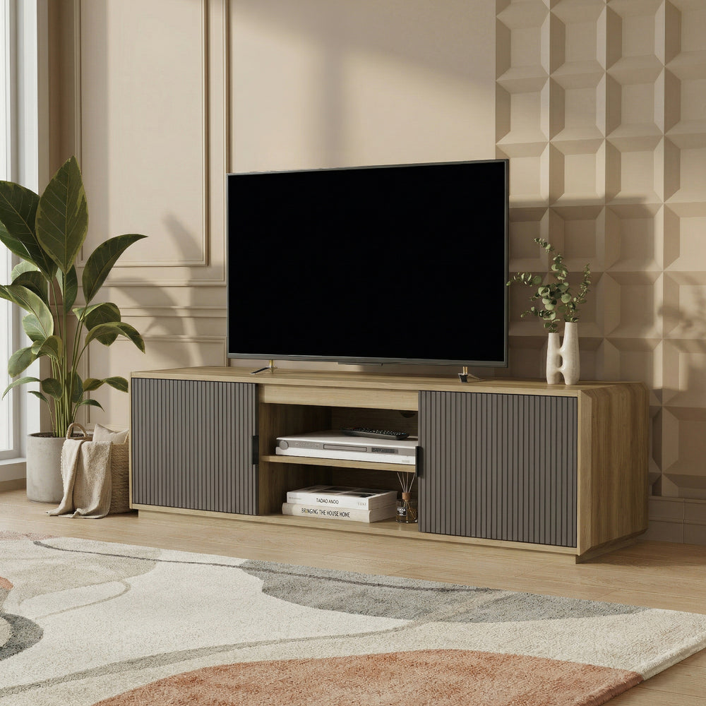 Dulap TV cu 2 usi si 2 rafturi Trömi mdf decor lemn stejar/gri [en.casa]