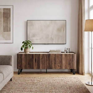 Comoda TV cu 4 usi Trorlon 160x40x55 cm efect lemn nuc/travertin decor/negru  [en.casa]
