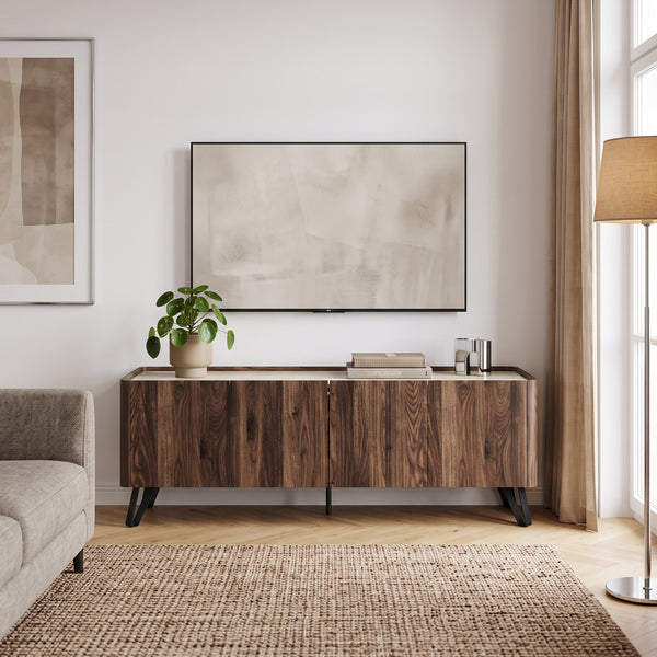 Comoda TV cu 4 usi Trorlon 160x40x55 cm efect lemn nuc/travertin decor/negru  [en.casa]