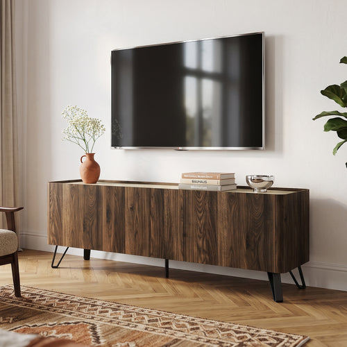 Comoda TV cu 4 usi Trorlon 160x40x55 cm efect lemn nuc/travertin decor/negru  [en.casa]